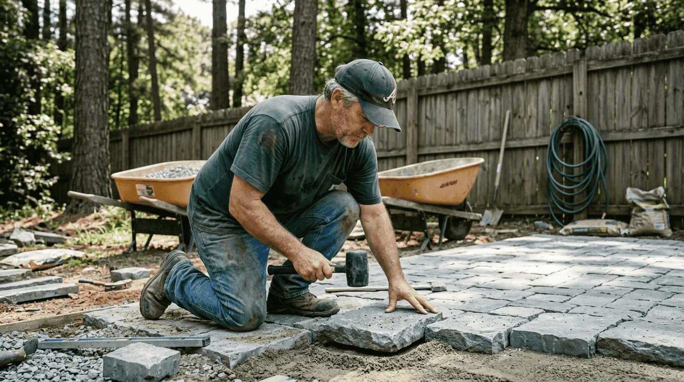 Landscaper installing stone patio in Georgia