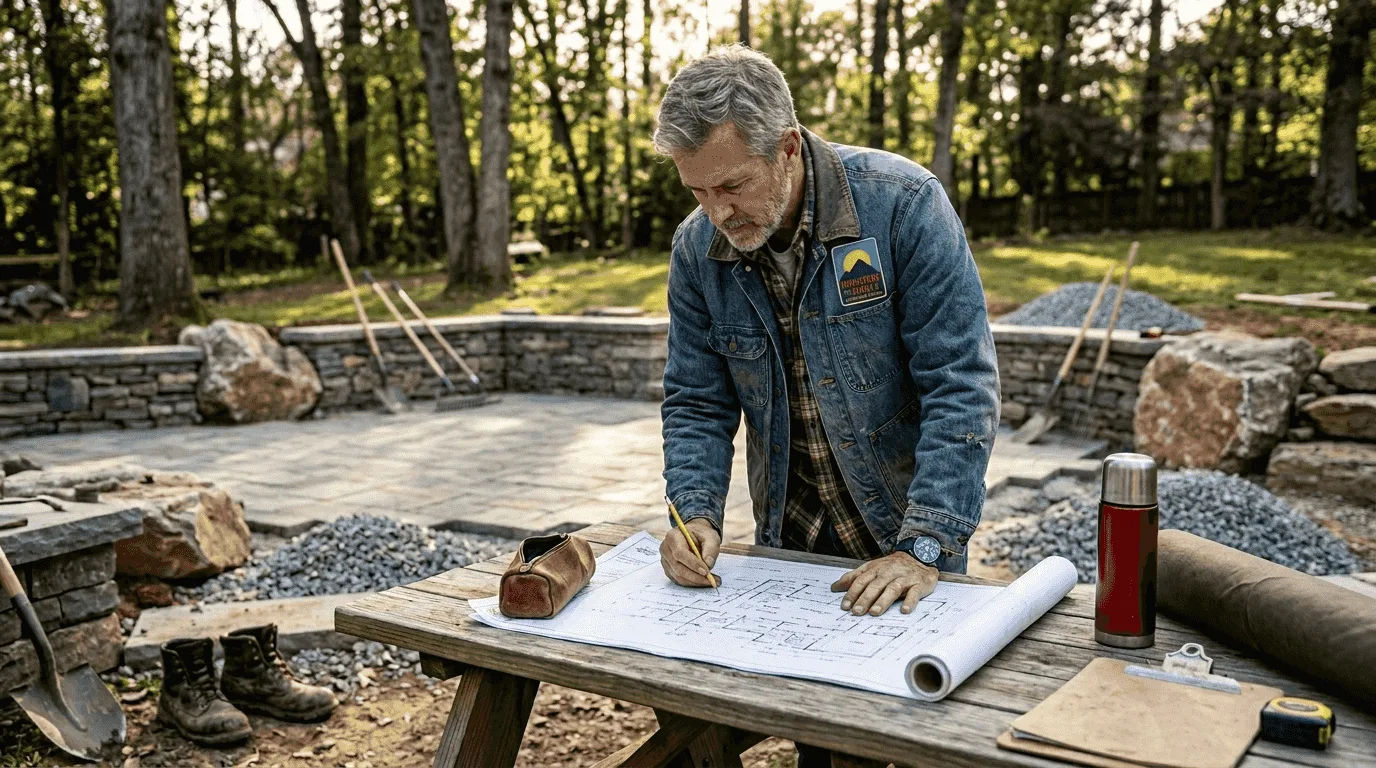 Landscape designer at Atlanta backyard hardscape site