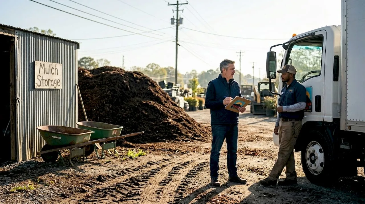 Mulch supplier yard with manager outdoors