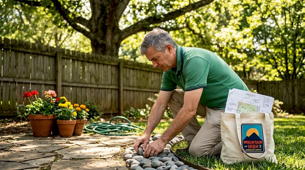 Placing decorative river rocks in Atlanta yard