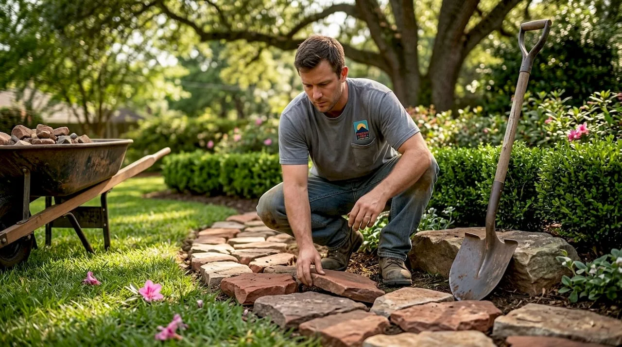 Landscaper arranging fieldstones in Atlanta yard