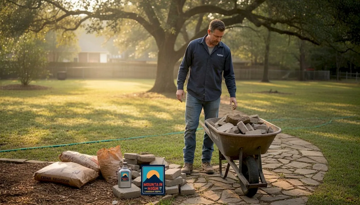 Contractor inspecting hardscape materials in Georgia yard