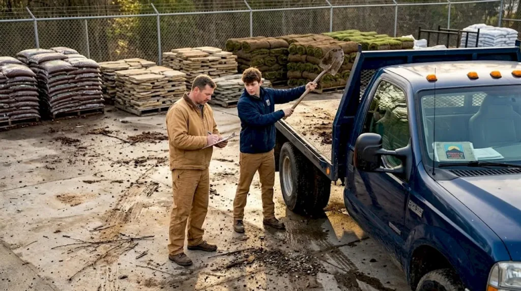 Workers loading landscape supplies at Atlanta yard