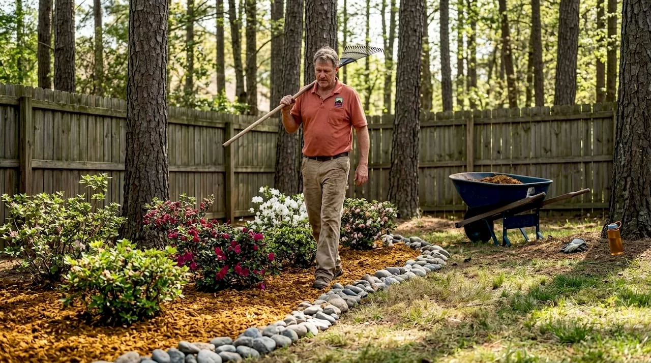 Landscaper working near mulch and rock bed
