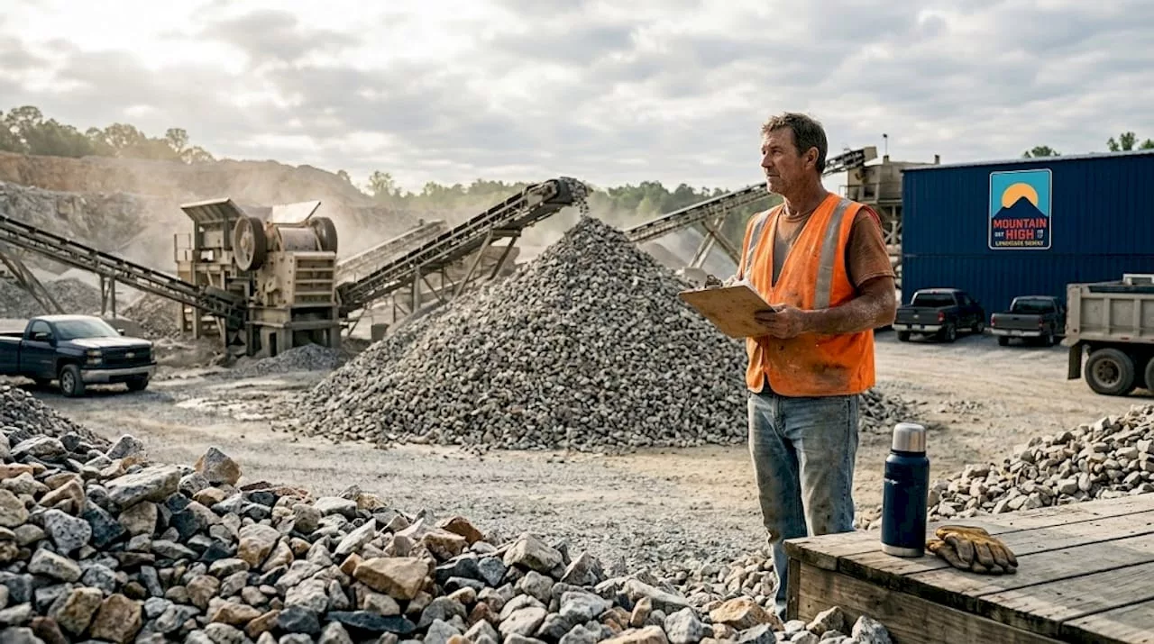 Worker at Atlanta granite quarry with crushed stone