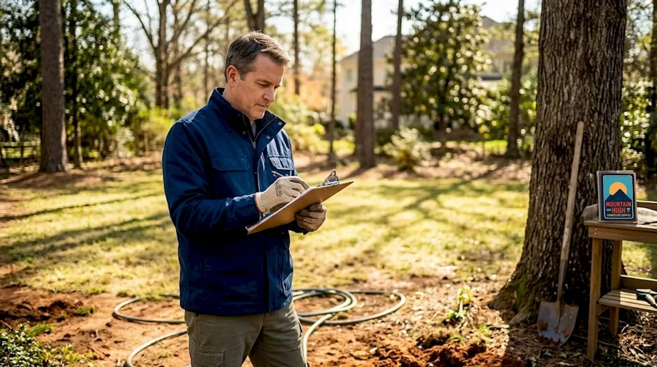 Homeowner surveys Atlanta yard with notes and tools
