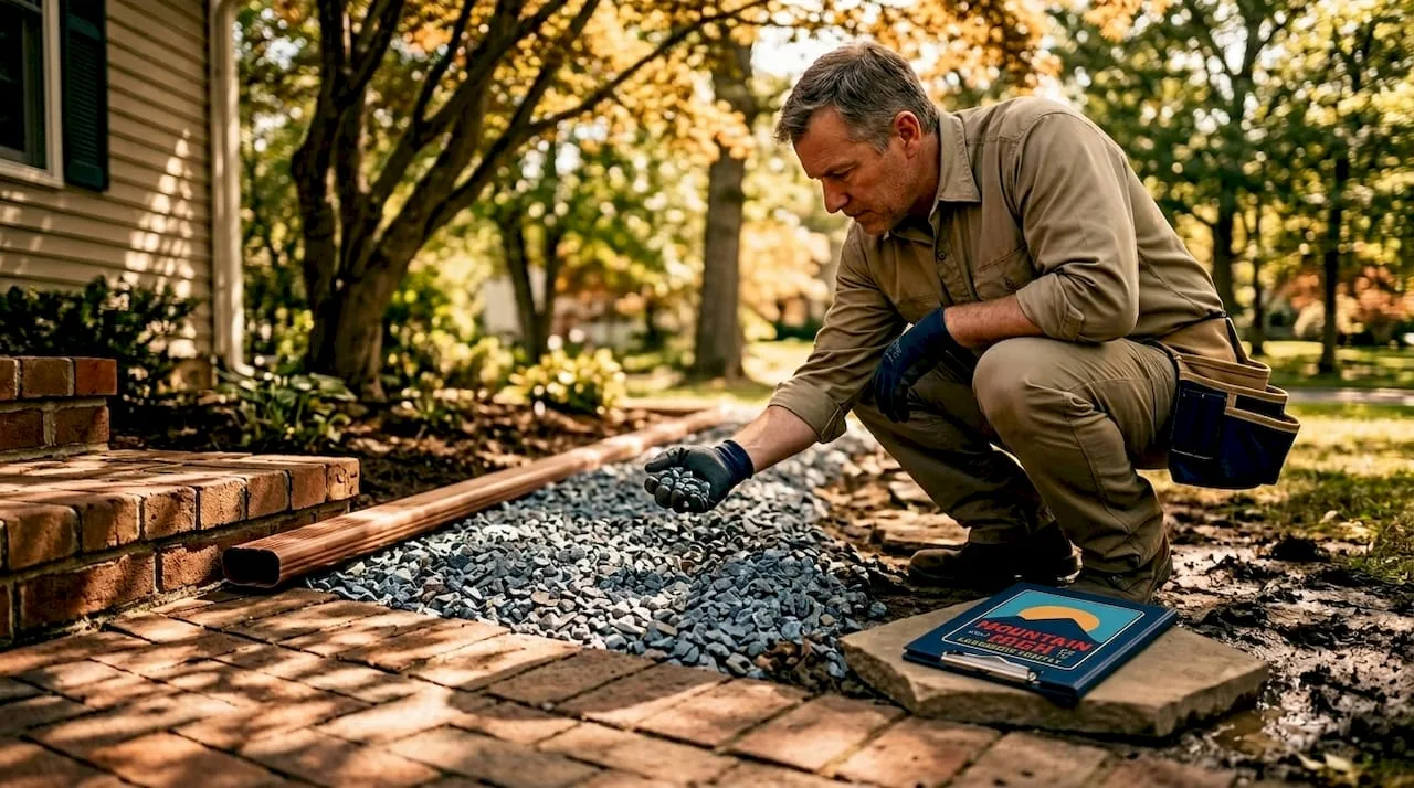 Contractor inspecting drainage gravel by garden bed
