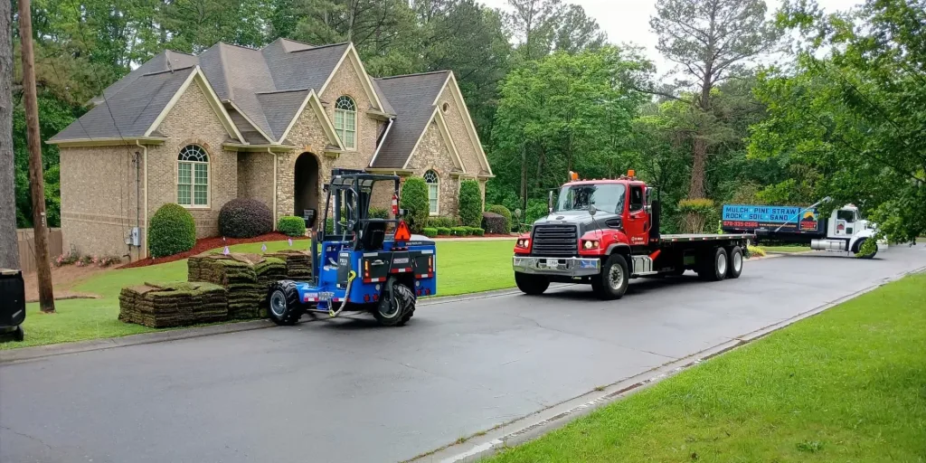 Mulch and gravel delivery truck serving Metro Atlanta homeowners and contractors