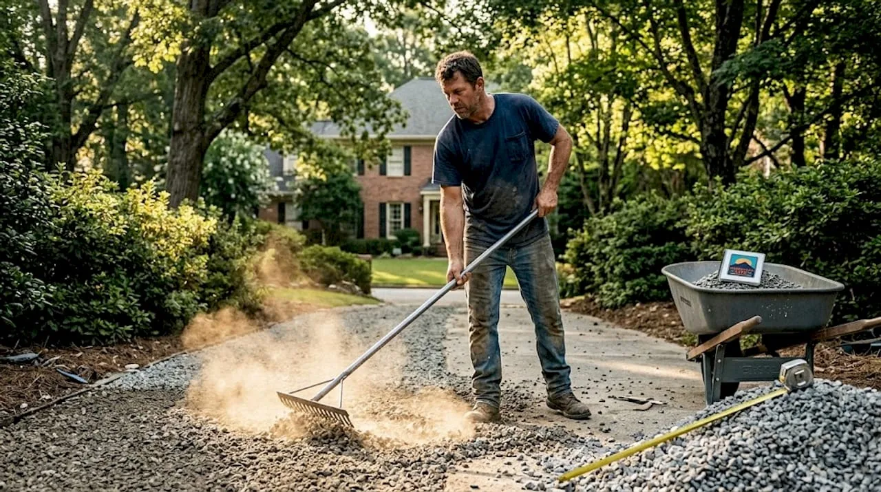 Contractor spreading crushed granite on driveway