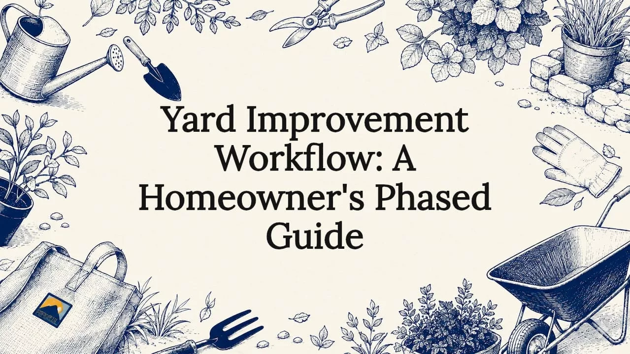 Decorative hand-drawn title card illustration with garden tools