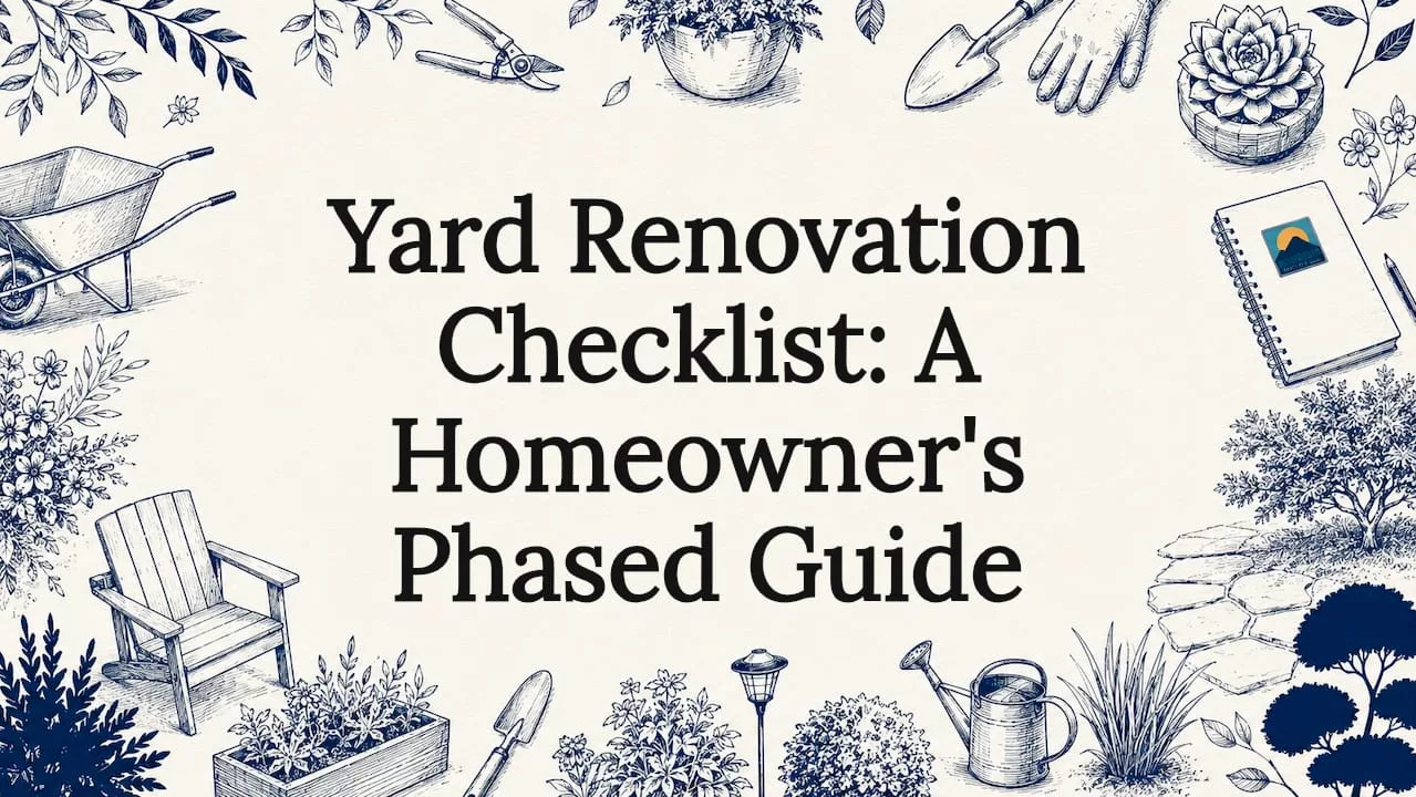 Decorative yard renovation title card illustration