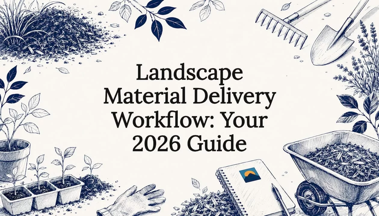 Decorative title card illustration with landscape tools and plants