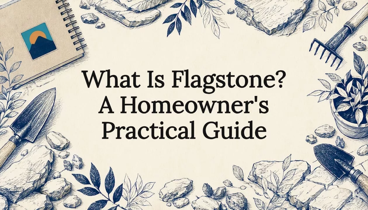 Decorative hand-drawn title card illustration with flagstone and garden tools